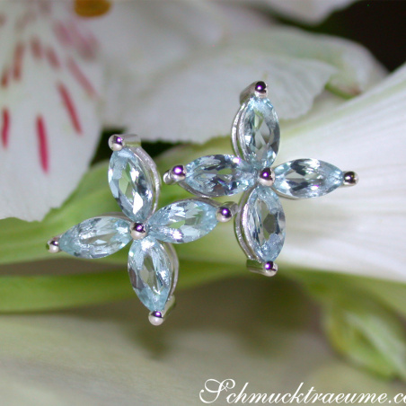 Graceful Aquamarine Blossom Style Stud Earrings