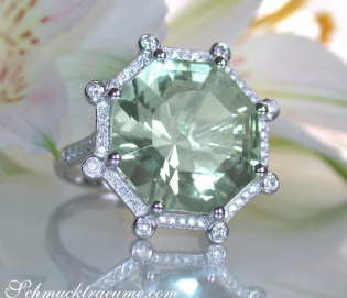 Prasiolith Ring mit Brillanten in Weißgold 585