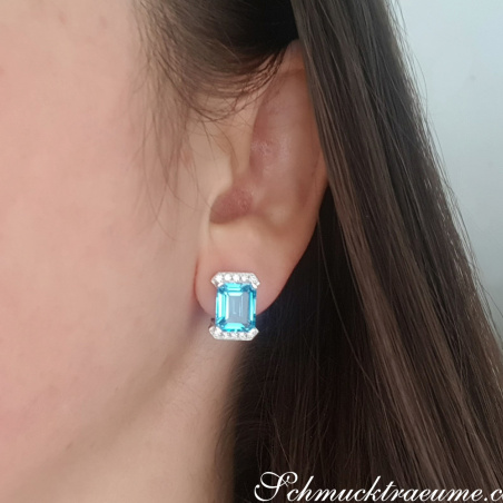 Attractive Blue Topaz Earrings with Diamonds