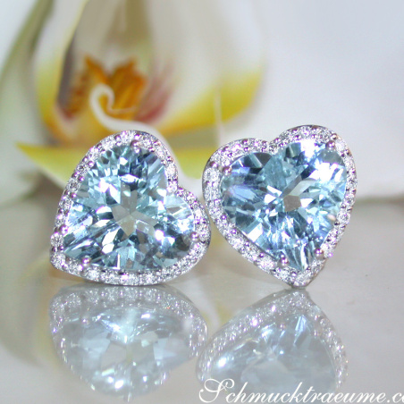 Pretty Aquamarine Heart Studs with Diamonds