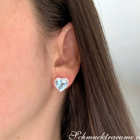 Pretty Aquamarine Heart Studs with Diamonds