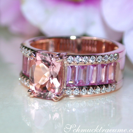 Exquisite Morganite Ring with Pink Sapphires and Diamonds