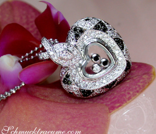 Unusual Black & White Diamond Heart Pendant Behind Glass