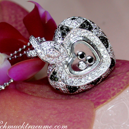 Unusual Black & White Diamond Heart Pendant Behind Glass