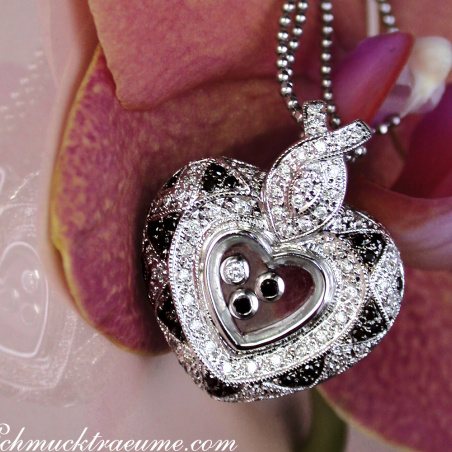 Unusual Black & White Diamond Heart Pendant Behind Glass
