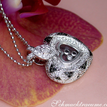 Unusual Black & White Diamond Heart Pendant Behind Glass