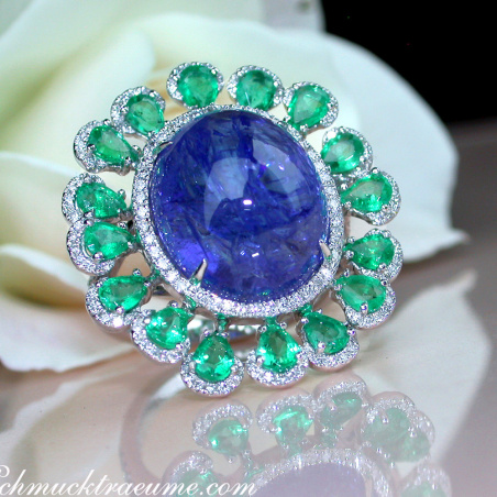 Opulent Tanzanite Ring with Diamonds and Emeralds