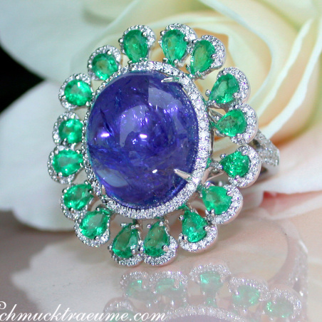 Opulent Tanzanite Ring with Diamonds and Emeralds