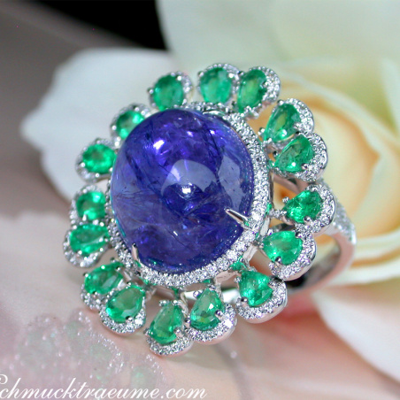 Opulent Tanzanite Ring with Diamonds and Emeralds