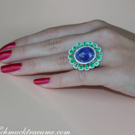Opulent Tanzanite Ring with Diamonds and Emeralds
