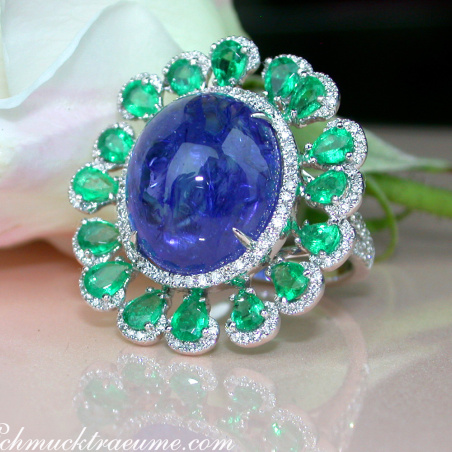 Opulent Tanzanite Ring with Diamonds and Emeralds
