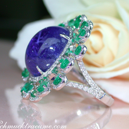 Opulent Tanzanite Ring with Diamonds and Emeralds