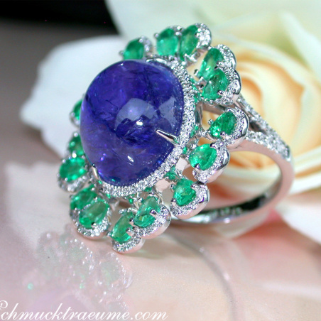 Opulent Tanzanite Ring with Diamonds and Emeralds