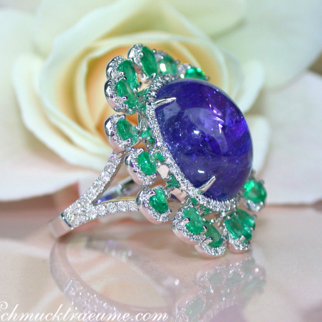 Opulent Tanzanite Ring with Diamonds and Emeralds