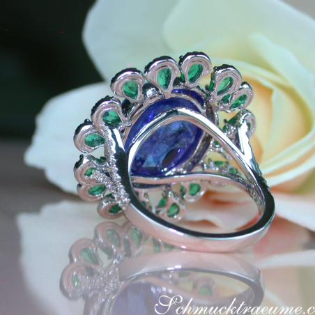 Opulent Tanzanite Ring with Diamonds and Emeralds