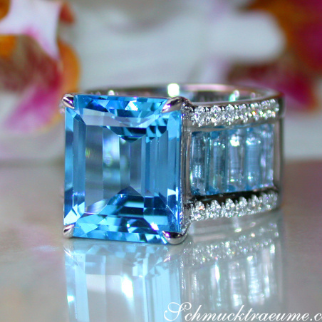 Extra Stately Blue Topaz Ring with Diamonds