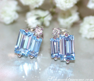 Delicate Baguette Cut Blue Topaz Stud Earrings with Diamonds