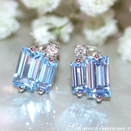 Delicate Baguette Cut Blue Topaz Stud Earrings with Diamonds