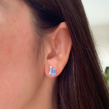 Delicate Baguette Cut Blue Topaz Stud Earrings with Diamonds