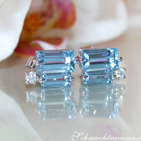 Delicate Baguette Cut Blue Topaz Stud Earrings with Diamonds