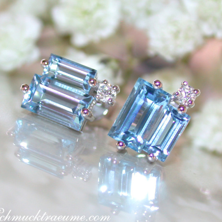 Delicate Baguette Cut Blue Topaz Stud Earrings with Diamonds