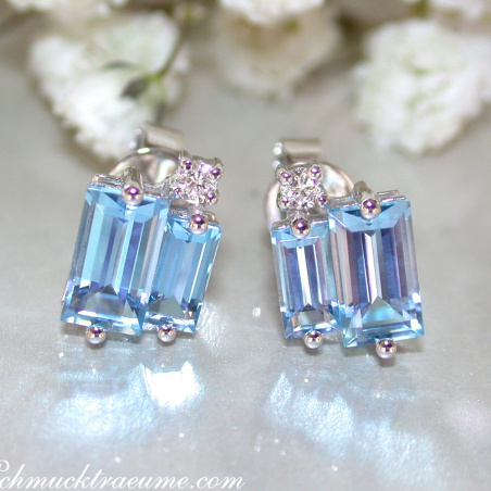 Delicate Baguette Cut Blue Topaz Stud Earrings with Diamonds