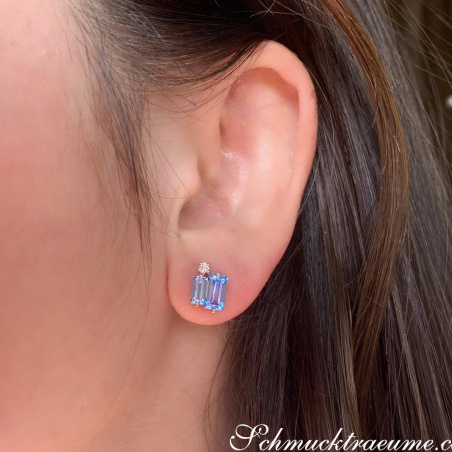 Delicate Baguette Cut Blue Topaz Stud Earrings with Diamonds