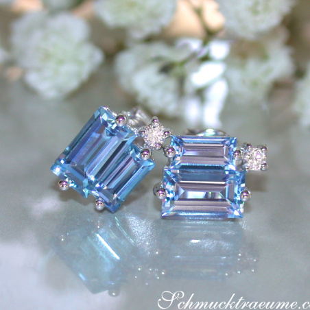 Delicate Baguette Cut Blue Topaz Stud Earrings with Diamonds