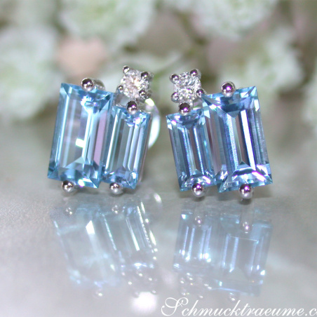 Delicate Baguette Cut Blue Topaz Stud Earrings with Diamonds
