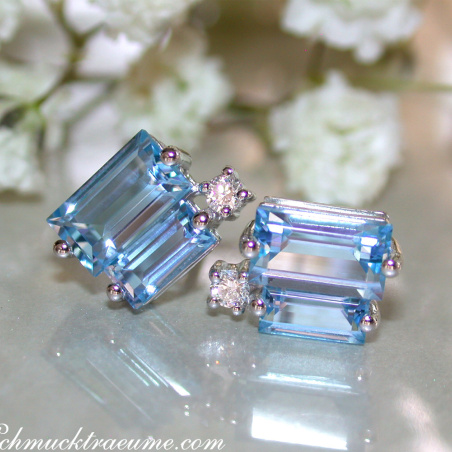 Delicate Baguette Cut Blue Topaz Stud Earrings with Diamonds