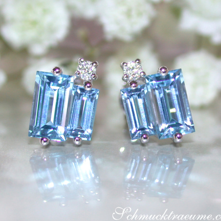 Delicate Baguette Cut Blue Topaz Stud Earrings with Diamonds