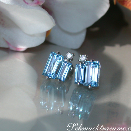 Delicate Baguette Cut Blue Topaz Stud Earrings with Diamonds