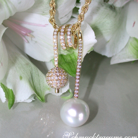 Unique Southsea Pearl Pendant with Diamond Pave Ball