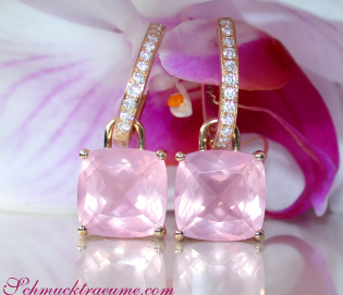 Wende Ohrringe "Kissen" mit Rosenquarz und Diamanten