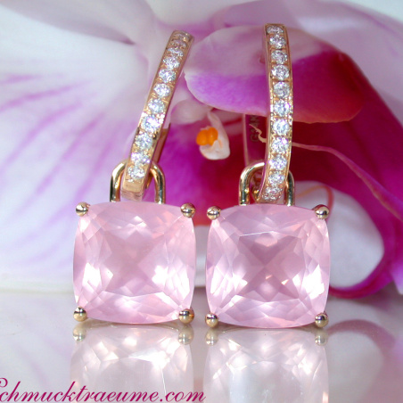 Wende Ohrringe "Kissen" mit Rosenquarz und Diamanten
