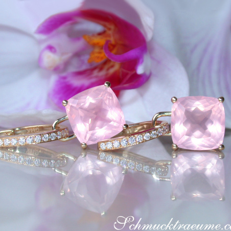 Wende Ohrringe "Kissen" mit Rosenquarz und Diamanten