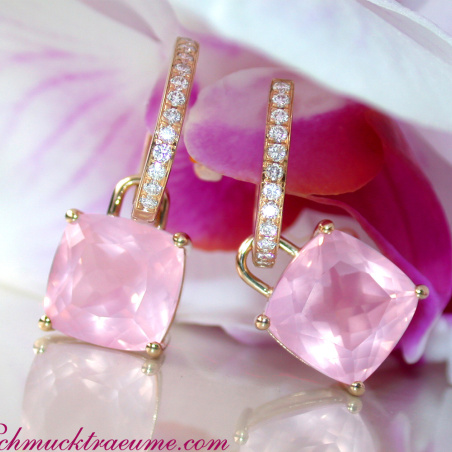 Wende Ohrringe "Kissen" mit Rosenquarz und Diamanten