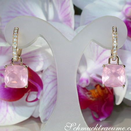 Wende Ohrringe "Kissen" mit Rosenquarz und Diamanten