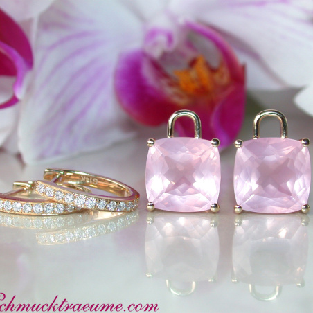 Wende Ohrringe "Kissen" mit Rosenquarz und Diamanten