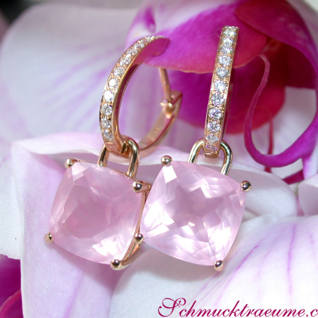 Wende Ohrringe "Kissen" mit Rosenquarz und Diamanten