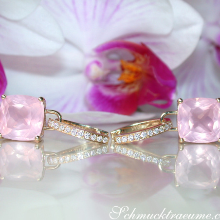 Wende Ohrringe "Kissen" mit Rosenquarz und Diamanten