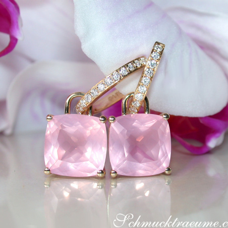 Wende Ohrringe "Kissen" mit Rosenquarz und Diamanten
