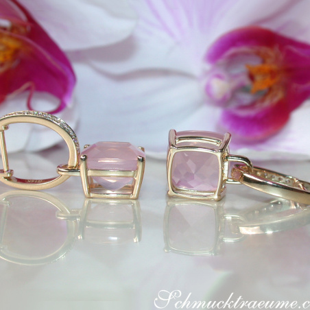 Wende Ohrringe "Kissen" mit Rosenquarz und Diamanten