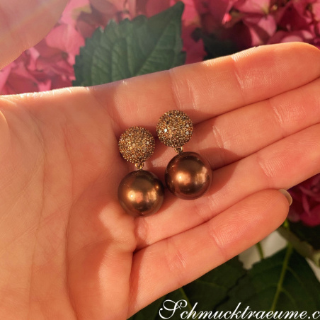 Pretty Earrings with Bronze Tahitian Pearls & Natural Brown Diamonds