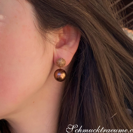 Pretty Earrings with Bronze Tahitian Pearls & Natural Brown Diamonds