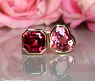 Prächtiger "Toi et Moi" Ring mit Pink Turmalin und Rhodolith