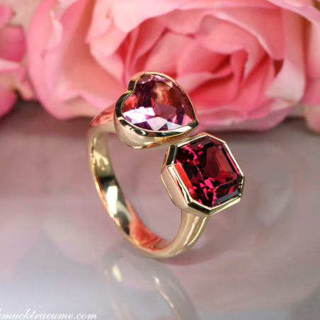 Prächtiger "Toi et Moi" Ring mit Pink Turmalin und Rhodolith