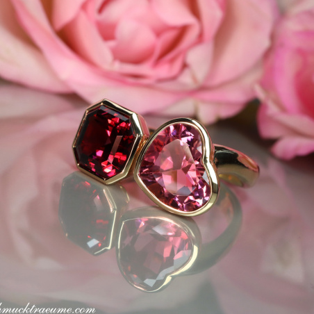Prächtiger "Toi et Moi" Ring mit Pink Turmalin und Rhodolith