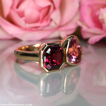 Prächtiger "Toi et Moi" Ring mit Pink Turmalin und Rhodolith
