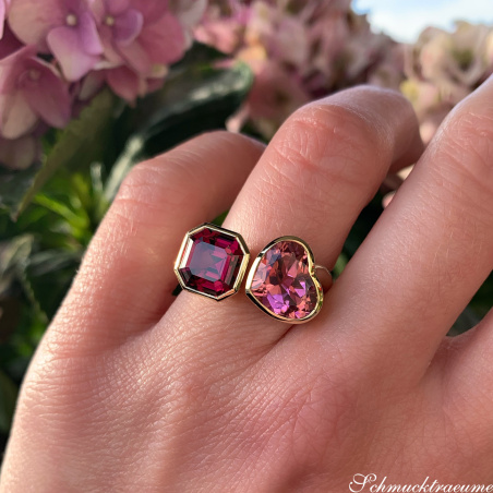 Prächtiger "Toi et Moi" Ring mit Pink Turmalin und Rhodolith